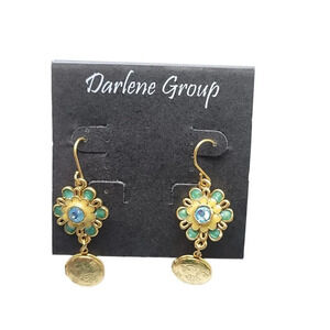 Darlene Group Blue Rhinestone Flower Ornate Locket Dangle Gold Tone Earrings